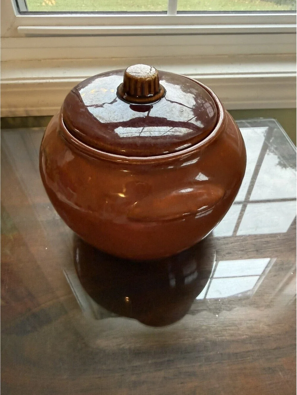 Vintage Brown Bean Pot Crock, stoneware Double Handle Lid